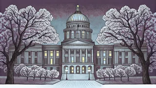 Peach trees blossom near Atlanta's Capitol dome beneath a Georgia sky.