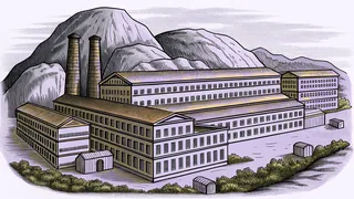 A sprawling industrial factory nestles in a mountain gulch beside a brass forge under arcing electricity.