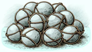 A cluster of glass marbles bound together with copper wire.