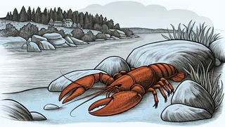 A Maine lobster rests on riverside rocks near historic Fort Western.