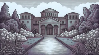 A stately garden borders a serene canal with a rushing river visible beyond