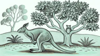 Kangaroo hopping across red desert with koala in tree and kookaburra in flight