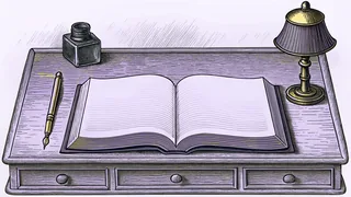 A mahogany writing desk glows in candlelight with a brass fountain pen and inkwell among blank pages and a lamp.