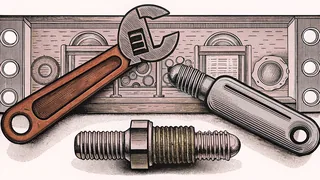An adjustable wrench and a threaded bolt in front of a workshop wall.