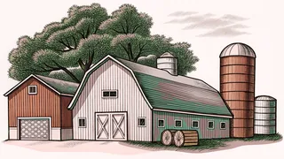 Bundled grain, tall silo, and storage barrels fill a harvest farmyard