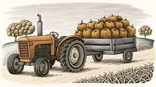 Rustic farm setting with hay wagon at harvest time.