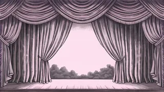 Layered theatrical curtains and painted landscape backdrop create a fantasy stage setting.