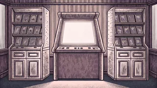 An arcade machine and a comic book display rack stand beside each other on a counter.