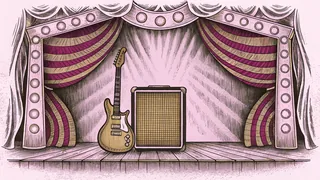 An electric guitar leans against an amplifier on stage beneath purple and green neon lighting.