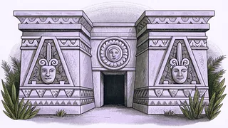 Pre-Columbian stone carvings and ceremonial objects in an archaeological display.