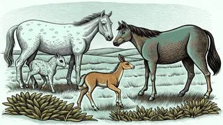 Young animals gather in a pastoral meadow with flowers and grass