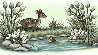 A baby duck swims beside a young deer fawn on a grassy spring pond bank.