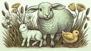 Baby bunny, lamb, chick, and duckling playing together in green spring grass