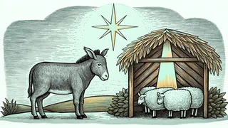A donkey and sheep in a stable with a shepherd watching beneath a bright star.