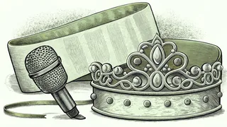 An unlabelled sash and a tiara rest beside a karaoke microphone dusted with glitter.