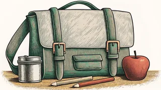 A canvas school satchel and tin lunch pail on a desk with pencils and an apple.
