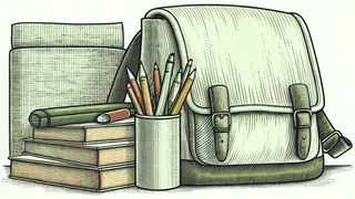 Colorful school supplies—pencils, crayons, and a backpack—are arranged on a desk.