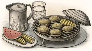A backyard grill sizzles with burgers and corn while watermelon chills nearby.