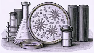 Bacteria in a petri dish surrounded by scientific measuring instruments.