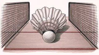 A badminton racquet and white shuttlecock sit on a lined court near the net.