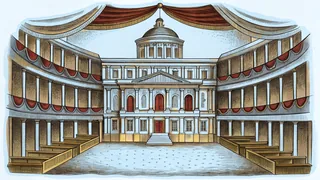 A vintage theater with musical instruments and stage lights for a country music show