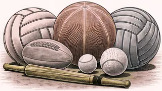 Various sports balls surround a playing field with rackets and wickets.