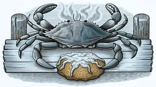 A blue crab and crabcake on a Baltimore harbor dock.