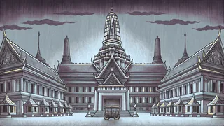 Bangkok's Grand Palace shimmers in golden splendor above bustling street markets and tuk-tuks