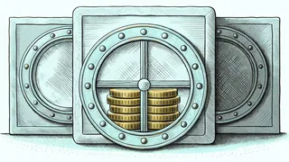 A brass bank teller window stands beside a thick vault door with a stack of gold coins on the counter.