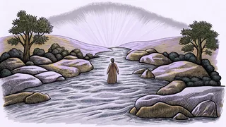 A robed figure standing in flowing river water under morning light
