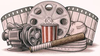 A film reel and camera rest beside a baseball glove and wooden bat.