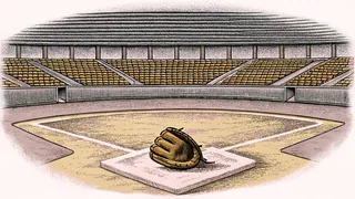 Baseball diamond with catcher's mitt and equipment positioned at home plate.