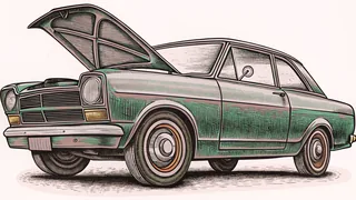 An open car engine compartment showing the battery, radiator, and internal engine parts.