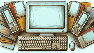 Computer workspace showing a keyboard, mouse, monitor with desktop interface.