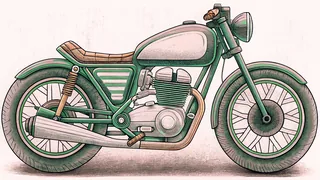 A motorcycle engine and frame components displayed with visible mechanical parts.
