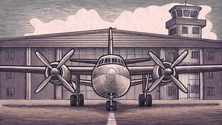 An airplane with spinning propellers sits on a tarmac near a tall control tower.