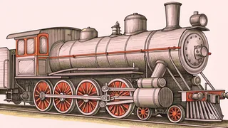 A steam locomotive engine displaying its boiler, smokestack, and mechanical pistons.