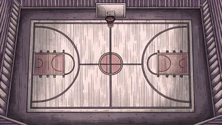 Basketball court featuring a hoop, ball, and position markings.