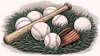 A wooden bat rests against a baseball glove on a grassy diamond.