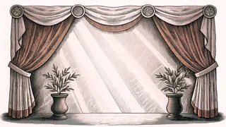 A theatrical spotlight cuts across deep burgundy velvet drapes, creating dramatic shadows on the stage.