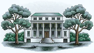 A magnolia tree frames historic Baton Rouge landmarks above bayou waters.
