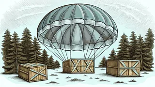 A parachute drifting down toward pine woods dotted with supply crates.