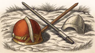Two battle helmets resting on trampled ground beside a pair of crossed pike shafts.