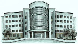 A contemporary hospital building with bright windows and medical staff visible inside.