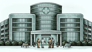 A modern medical facility with bright entrance lighting and healthcare workers in the atrium.