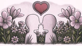 Two figures exchanging a moment of affection amid roses and romantic elements.