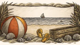A sunny beach scene with a sailboat, colorful beach ball, seashells, and golden sand
