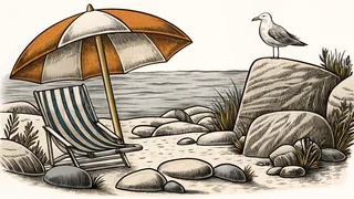 Beach scene with parasol, sunchair, pebbles, tidepool, and a gull.