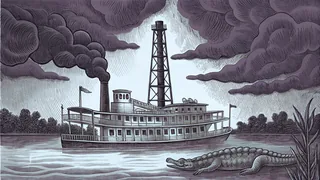 An historic oil field with drilling equipment beside a bayou landscape.
