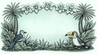 A toucan and blue jay rest among blooms while a mandarin duck floats nearby.